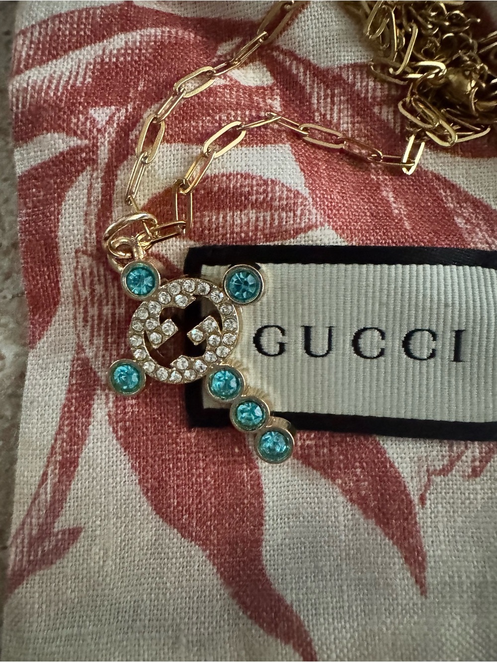 Gucci Gold-tone with Blue Crystals Zipper Replacement w/Free Gold Tone Necklace